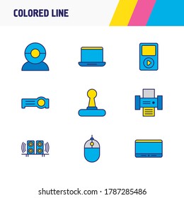 Ilustración vectorial de 9 iconos de hardware de línea coloreada. Conjunto editable de teléfono de tablet, proyector, cámara web y otros elementos de icono.