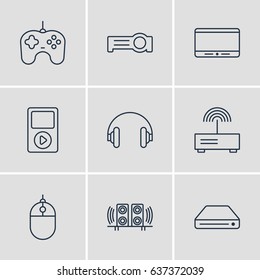 Vector Illustration Of 9 Hardware Icons. Editable Pack Of Joypad, Cursor Controller, Floodlight And Other Elements.