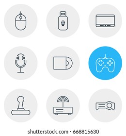 Vector Illustration Of 9 Hardware Icons. Editable Pack Of Usb Card, Floodlight, Sound Recording And Other Elements.