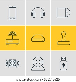 Vector Illustration Of 9 Hardware Icons. Editable Pack Of Usb Card, Smartphone, Modem And Other Elements.
