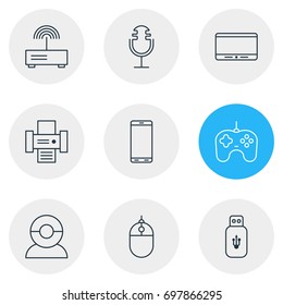 Vector Illustration Of 9 Hardware Icons. Editable Pack Of Joypad, Usb Card, Cursor Controller And Other Elements.