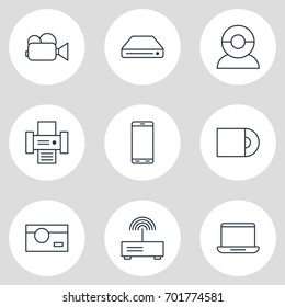 Vector Illustration Of 9 Hardware Icons. Editable Pack Of Camcorder, Smartphone, Computer And Other Elements.