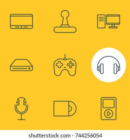 Vector Illustration Of 9 Hardware Icons. Editable Pack Of PC, Monitor, Game Controller And Other Elements.