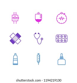 Vector illustration of 9 health icons line style. Editable set of stethoscope, bandage, serum icon elements.