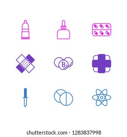 Vector illustration of 9 health icons line style. Editable set of urn, atom, capsule and other icon elements.