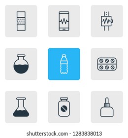 Vector illustration of 9 health icons line style. Editable set of cardiogram, pill bottle, test tube and other icon elements.