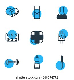 Vector Illustration Of 9 Health Icons. Editable Pack Of Painkiller, Dumbbell, Pills And Other Elements.