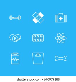 Vector Illustration Of 9 Health Icons. Editable Pack Of Weighing, Medical Bag, Patch And Other Elements.