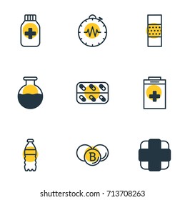 Vector Illustration Of 9 Health Icons. Editable Pack Of Band Aid, Pressure Gauge, Plastic Bottle Elements.