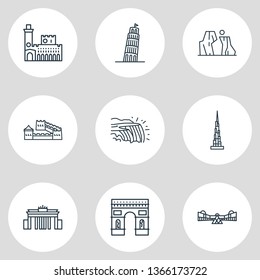 Vector illustration of 9 history icons line style. Editable set of arc de triomphe, the grand canyon, niagara falls icon elements.