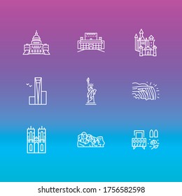 Vector illustration of 9 history icons line style. Editable set of mount rushmore, statue of liberty, capitol hill and other icon elements.
