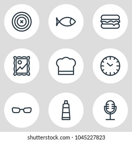 Vector illustration of 9 hobby icons line style. Editable set of chess, barbell, monitor and other icon elements.