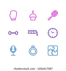 Vector illustration of 9 hobby icons line style. Editable set of cupcake, rocket, microphone and other icon elements.