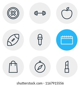 Vector illustration of 9 hobby icons line style. Editable set of lipstick, shopping, rugby and other icon elements.