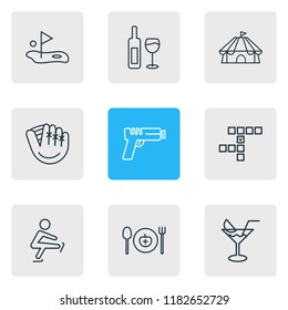 Vector illustration of 9 hobby icons line style. Editable set of cocktail, cirque, golf and other icon elements.