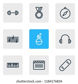 Vector illustration of 9 hobby icons line style. Editable set of flask, barbell, melody and other icon elements.