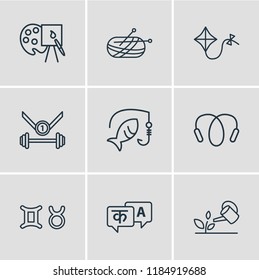 Vector illustration of 9 hobby icons line style. Editable set of languages, kite, jumping rope and other icon elements.