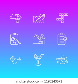 Vector illustration of 9 hobby icons line style. Editable set of diet, sketching, kite and other icon elements.