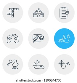 Vector illustration of 9 hobby icons line style. Editable set of sculpting, crossword, cirque and other icon elements.