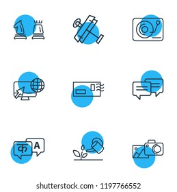 Vector illustration of 9 hobby icons line style. Editable set of photography, djing, aeromodeling and other icon elements.