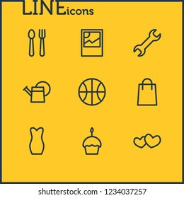 Vector illustration of 9 hobby icons line style. Editable set of cupcake, shopping, wrench and other icon elements.