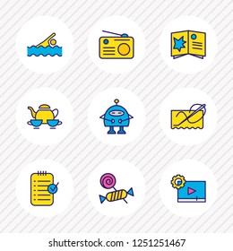 Vector illustration of 9 hobby icons colored line. Editable set of tea set, planning, video maker and other icon elements.