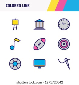 Vector illustration of 9 hobby icons colored line. Editable set of aim, needlework, clock and other icon elements.