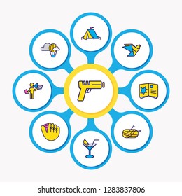 Vector illustration of 9 hobby icons colored line. Editable set of gun, cocktail, acting and other icon elements.