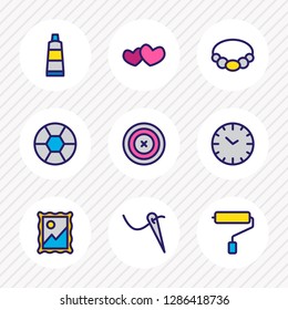 Vector illustration of 9 hobby icons colored line. Editable set of clock, paint roller, needlework and other icon elements.