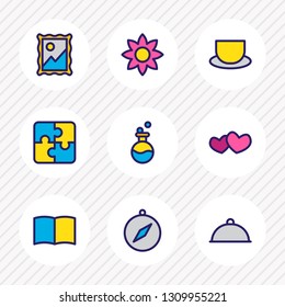 Vector illustration of 9 hobby icons colored line. Editable set of picture, flower, tea and other icon elements.