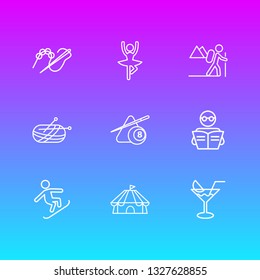 Vector illustration of 9 hobby icons line style. Editable set of reading, cirque, knitting and other icon elements.