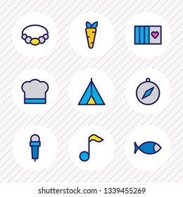 Vector illustration of 9 hobby icons colored line. Editable set of accessory, carrot, fish and other icon elements.