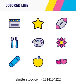 Vector illustration of 9 hobby icons colored line. Editable set of star, apple, food and other icon elements.