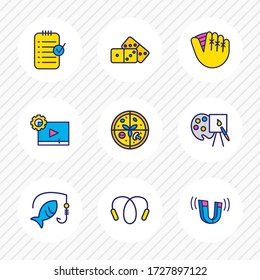 Vector illustration of 9 hobby icons colored line. Editable set of planning, video maker, jumping rope and other icon elements.