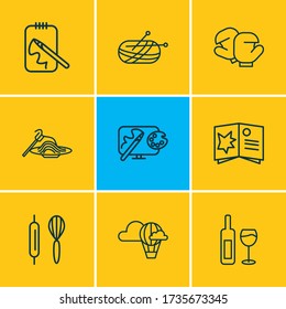 Vector illustration of 9 hobby icons line style. Editable set of hot air balloon, knitting, sketching and other icon elements.