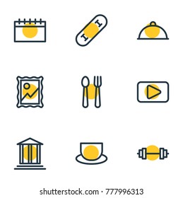 Vector illustration of 9 hobby icons line style. Editable set of theater, skating, movie and other elements.