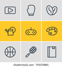 Vector illustration of 9 hobby icons line style. Editable set of bailer, arabica bean, ball and other elements.