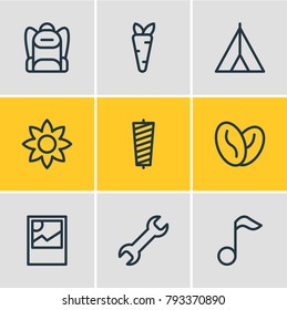 Vector illustration of 9 hobby icons line style. Editable set of veggie, arabica bean, rucksack and other elements.