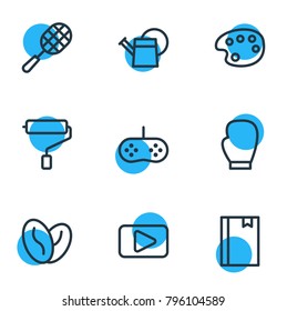 Vector illustration of 9 hobby icons line style. Editable set of joystick, tennis, video and other elements.