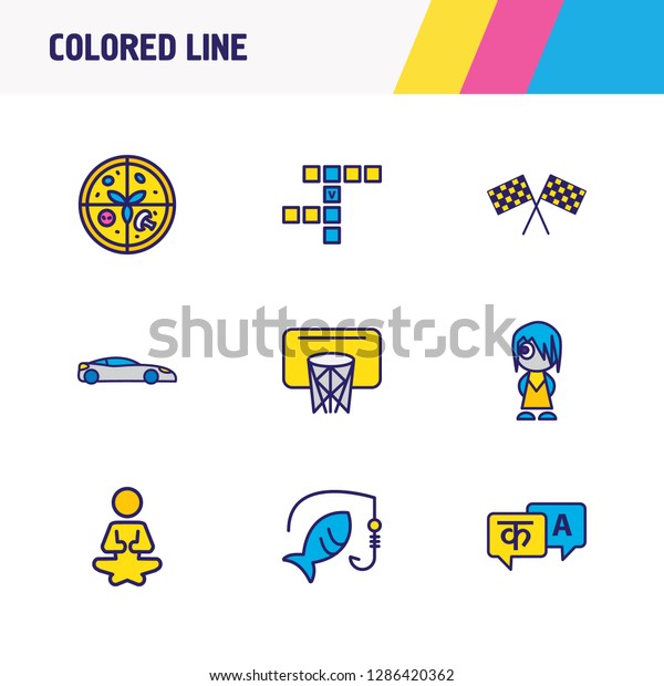 Vector\
illustration of 9 hobby icons colored line. Editable set of pizza,\
basketball, sport car and other icon\
elements.