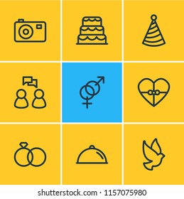 Vector illustration of 9 holiday icons line style. Editable set of wedding, gender, party hat and other icon elements.