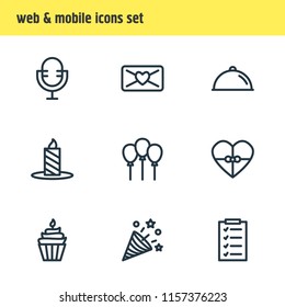 Vector illustration of 9 holiday icons line style. Editable set of candle, heart gift, confetti icon elements.