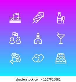 Vector illustration of 9 holiday icons line style. Editable set of cocktail, heart, beverage and other icon elements.