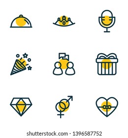 Vector illustration of 9 holiday icons line style. Editable set of gift, gender, diamond and other icon elements.