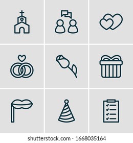 Vector illustration of 9 holiday icons line style. Editable set of list, conversation, heart and other icon elements.