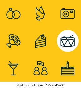 Ilustración vectorial de 9 iconos de vacaciones estilo de línea. Conjunto editable de bodas, postres, tambores y otros íconos.