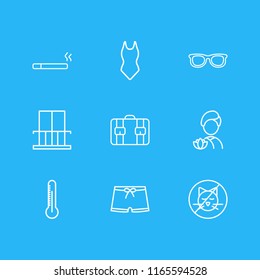 Vector illustration of 9 hotel icons line style. Editable set of spa, swimsuit, thermometer and other icon elements.