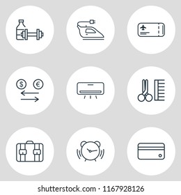 Vector illustration of 9 hotel icons line style. Editable set of credit card, iron, air conditioner and other icon elements.
