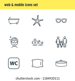 Vector illustration of 9 hotel icons line style. Editable set of tea with croissant, bathtub, sleeping man and other icon elements.