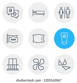 Vector illustration of 9 hotel icons line style. Editable set of sunscreen, bathroom, bar and other icon elements.